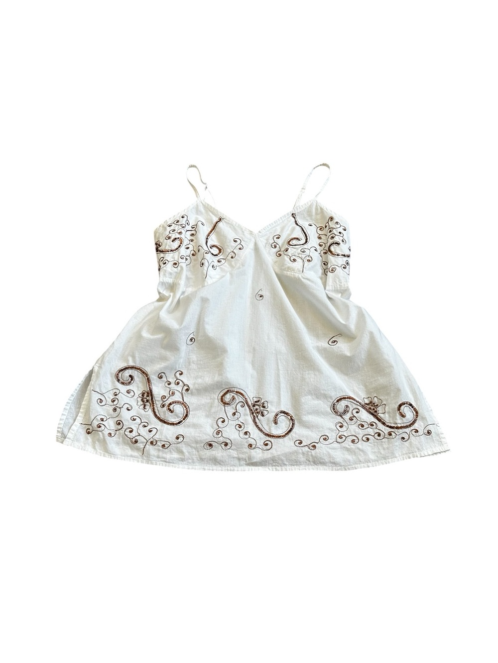 Millenium Y2K White Cami Babydoll Top Brown Sequin Beaded Embroidery Boho
